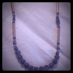Long blue-gray stone gold necklace